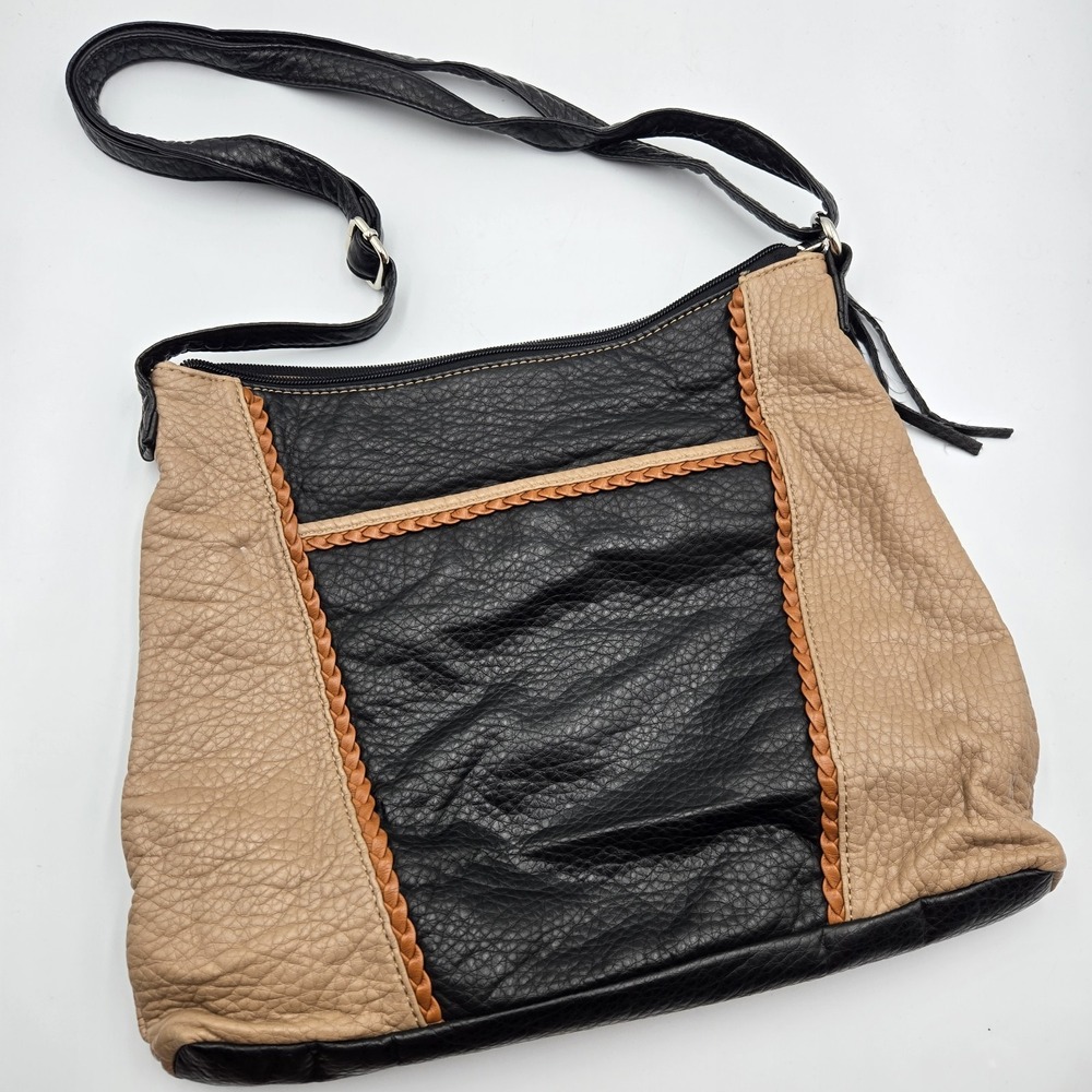 MARC FISHER Dark Brown Tan Pebbled Leather adj. Strap outer Pocket Purse Braided
